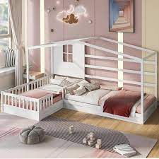 L Shaped White Twin Size Wood House Bed