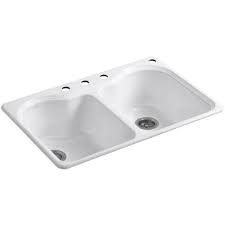 Whether you're replacing an old sink or adding a stylish finishing touch to your new kitchen, our sinks come in a variety of designs and finishes to complement your home. Kohler Hartland Drop In Cast Iron 33 In 4 Hole Double Bowl Kitchen Sink In White K 5818 4 0 The Home Depot