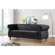 Black Velvet 3 Seats Chesterfield Sofa