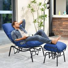 Hooowooo Mono Metal Patio Lounge Outdoor Rocking Chair With An Ottoman And Navy Blue Cushions