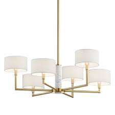 Industrially glam and wonderfully geometric, these large gold fixtures brighten up a space before you even flip the switch. Kichler Laurent 6 Light Champagne Gold Chandelier With White Fabric Shade 52052cg The Home Depot