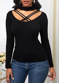 Long Sleeve Black Choker Neck Sweater