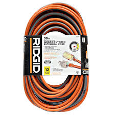 Since voltage is lost across distance, shorter cords are best for running devices with higher current. Ridgid 50ft 12 3 Outdoor Extension Cord 657 123050rl6a The Home Depot