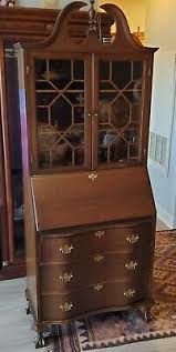 This vintage item use as decoration to make your. Vintage Walnut 1950 S Secretary Desk Drop Front Glass Cabinet 3 Drawers 80 H Ebay