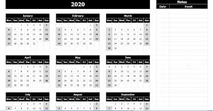 Download 2020 Yearly Calendar Mon Start With Notes Excel