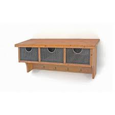 Brown Rustic Wooden Wall Shelf With 3 Drawers And Hooks