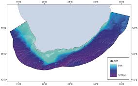 map showing seafloor depths and the