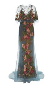 Shop Marchesa Floral Embroidered Tulle Gown Blue Starting
