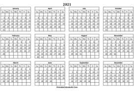 Landscape (horizontal), dates and weekdays at the top; Printable Yearly Calendar 2021
