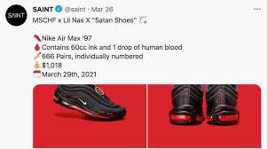Mar 29, 2021 · nike sues over lil nas x 'satan shoes' with human blood in soles the controversial sneakers — modified nike air max 97s decorated with a pentagram pendant and a reference to luke 10:18 — sold. Nike Sues Over Lil Nas X Satan Shoes With Human Blood In Soles