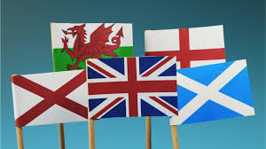 The united kingdom (uk) was formed from the unification of england, scotland, northern ireland, and wales. England Scotland Ireland Wales Flags