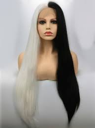 Asian women hair half black half white long wig ombre,black and white human hair lace front wig. Halloween Half White Half Black Long Straight Lace Front Wig Synthetic Wigs Babalahair