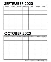 2 Monthly Blank Calendar September October 2020 June 2019