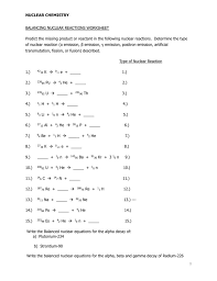 Nuclear Reaction Chemistry Worksheets