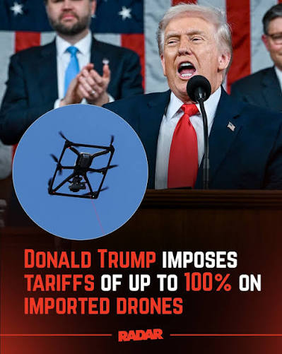 🇺🇸🚁 Trump is imposing tariffs of up to 100% on imported drones and components, citing national security and U.S. reliance on foreign suppliers. Smaller drones face 25% tariffs, with varying rates for