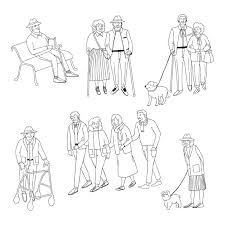 Premium Vector | Vector outline set with illustrations of old people walking
