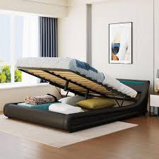 Gosalmon 88 In W Black Queen Leather Metal And Wood Frame Platform Bed With A Hydraulic Storage System And Led Light Headboard