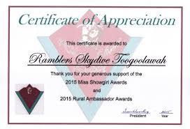 Certificates Of Appreciation Skydive Ramblers