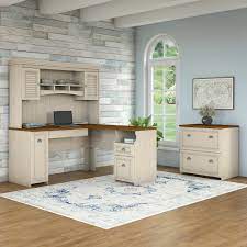 The elegant bush furniture cabot l shaped desk with hutch and 5 shelf bookcase provides a durable furniture set with ample storage and smart features. Bush Fairview L Shaped Desk Antique White Package Fv003aw Free Shipping