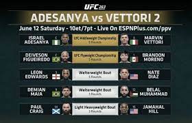 Vettori 2 is an ongoing mixed martial arts event produced by the ultimate fighting championship that is taking place on june 12, 2021 at the gila river arena in glendale, arizona, united states. Ufc 263 Fight Card Adesanya Vs Vettori 2 Main Card And Bout Order Revealed