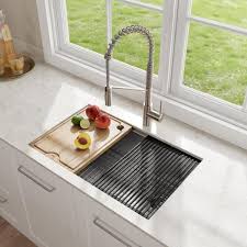 Answer these questions and you're well undermount kitchen sinks are popular among homeowners with granite or quartz countertops. Kraus Kore Workstation 27 In 16 Gauge Undermount Single Bowl Stainless Steel Kitchen Sink With Accessories Kwu110 27 The Home Depot
