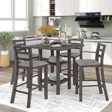 Anbazar 5 Piece Gray Wooden Counter Height Dining Table Set Seats 4 Square Table Set With 4 Padded Chairs And 2 Tier Shelves