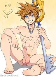 ichan, sora (kingdom hearts), kingdom hearts, highres, 1boy, abs, barefoot,  blue eyes, blush, brown hair, erection, feet, full body, looking at viewer,  male focus, muscular, nipples, nude, penis, sitting, smile, soles, solo,