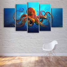 Framed Orange Octopus 5 Panel Canvas 5