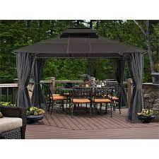 Abccanopy 10 Ft X 12 Ft Aluminum Patio Gazebo Double Vented Roof Polycarbonate Hardtop With Mosquito Netting And Privacy Curtain Gray