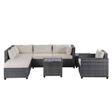 Tiramisubest 8 Piece Wicker Outdoor Patio Rattan Sectional Sofa Set Furniture Set With Beige Cushions