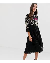 Asos Design Tall Embroidered Pleated Midi Dress With Fluted Sleeve