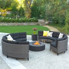 Noble House Navagio 10 Pc Mixed Black Wicker Full Round Sofa Set With Dark Grey Fire Table