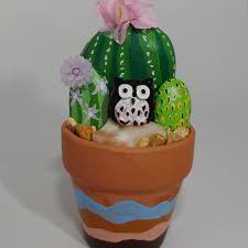 Painted Rock Cactus Garden With White