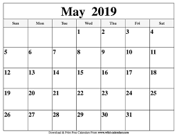 May Month Calendar 2019 Printable Template