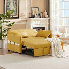 hutwife 57 inch faux leather convertible sleeper sofa bed 2 seats sofa with pull out bed loveseat sofa couch with adjule backrest yellow