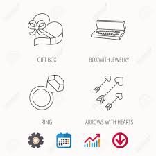 Jewelry Gift Box And Wedding Ring Icons Arrows With Hearts