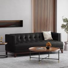 Noble House Mccardell 80 75 In W Square Arm 3 Seat Faux Leather Straight Tufted Sofa In Midnight Black And Espresso