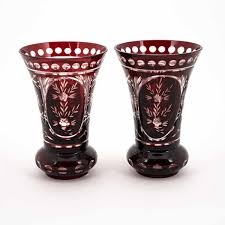 Bud Vase Ruby Red Etched Cut Glass Set