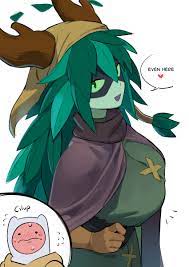 finn the human, huntress wizard, adventure time, absurdres, highres, tagme,  1boy, 1girl, blush, breasts, couple, english text, falling leaves, happy,  height difference, horns, large breasts, leaf, leaves, leaves on hair,  monster girl,