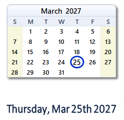 March 25, 2027 Calendar with Holidays & Count Down - USA