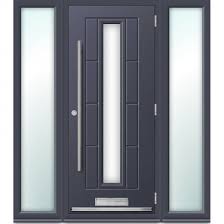 anthracite grey front door with side blinds