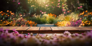 Empty Wooden Table In Flowers Garden