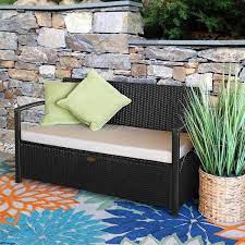 Barton 45 Gal Black Rattan Crawford Resin Wicker Outdoor Garden Patio Deck Box Outdoor Storage Bench With Beige Cushions
