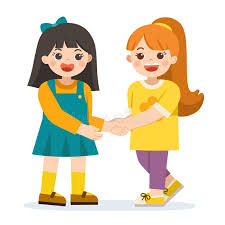 Happy Girls Standing And Shaking Hands Making Peace. Stock Vector -  Illustration of little, hand: 147340686