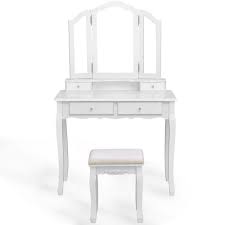 costway white vanity set tri with folding mirror makeup table stool set 4 drawer