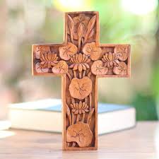 Hand Carved Wood Wall Cross With Lotus