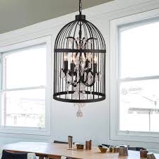 Country Style Birdcage Pendant Lighting With Crystal Accents Metallic 4 Lights Black Hanging Lamp Susuohome Com