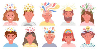 Premium Vector | Positive thinking and mental health concept with people portraits. open head with happy and creative thoughts, rainbow and hearts vector set. illustration of mental health positive