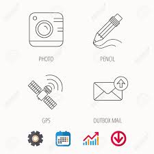 Photo Camera Mail And Gps Satellite Icons Pencil Linear Sign