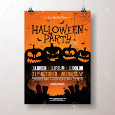 Halloween Party Flyer Vector Illustration With Scary Faced Pumpkins